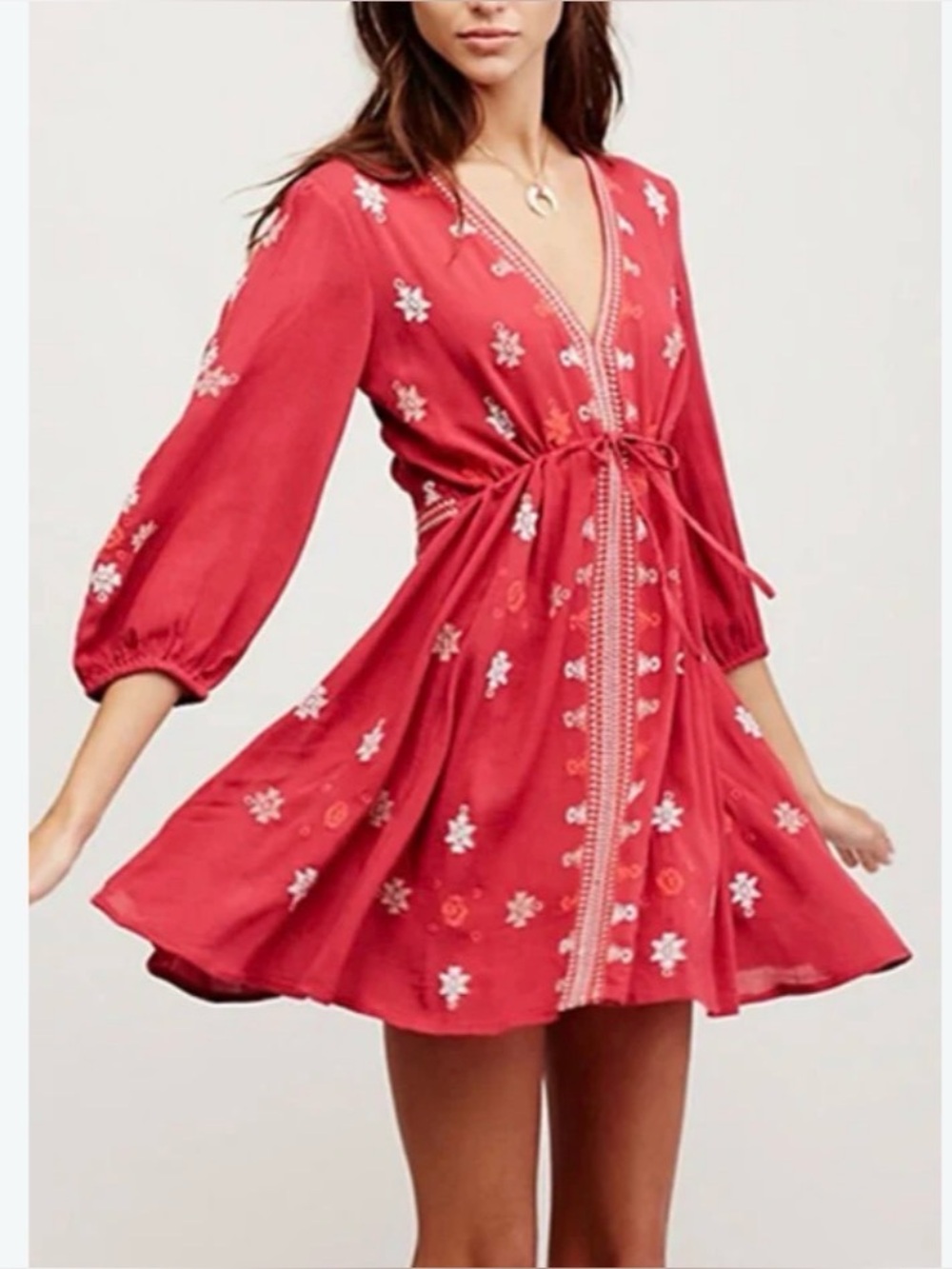 Free People Red Floral Embroidered Tie-Waist Mini Dress